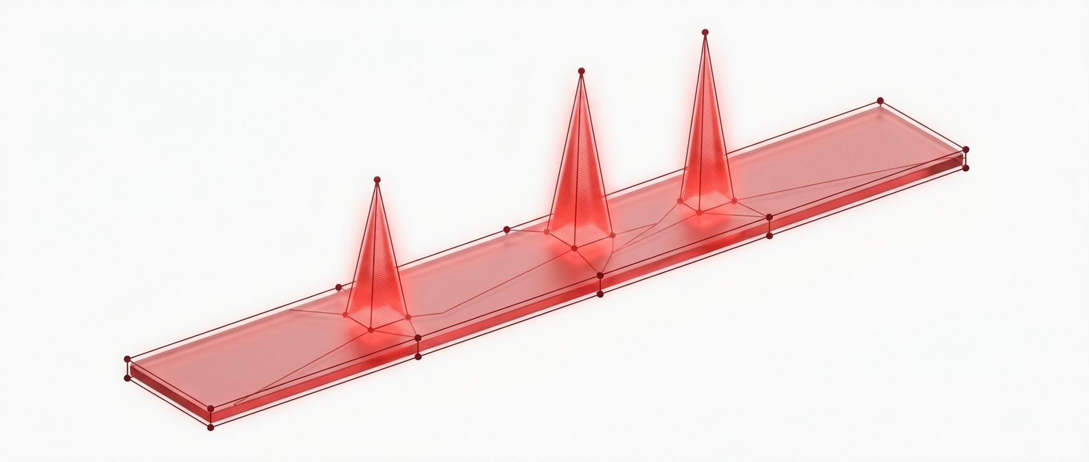 A long flat red glass baseline with three tall spikes erupting from it at irregular intervals.