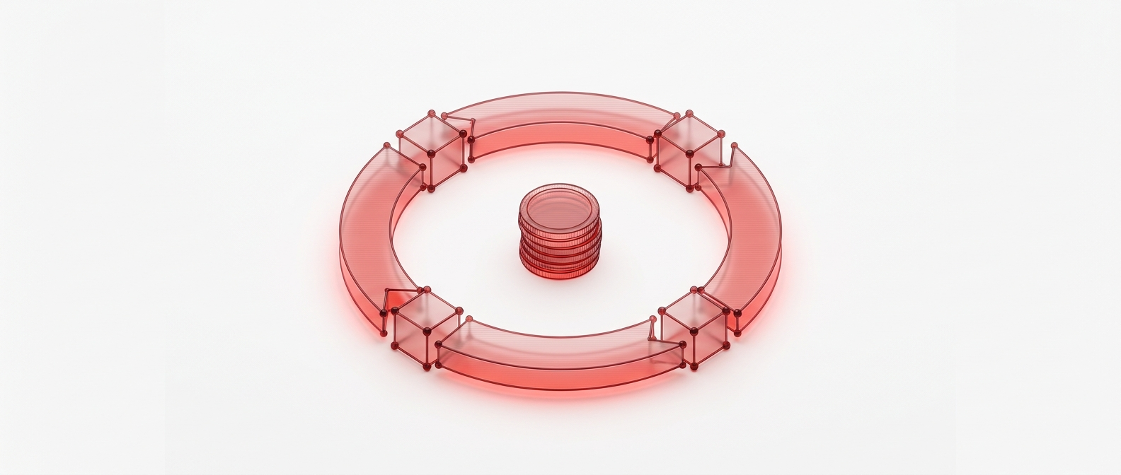 A red glass loop of arrows with four stage-cubes circling a stack of coins at the center — the capture cycle.