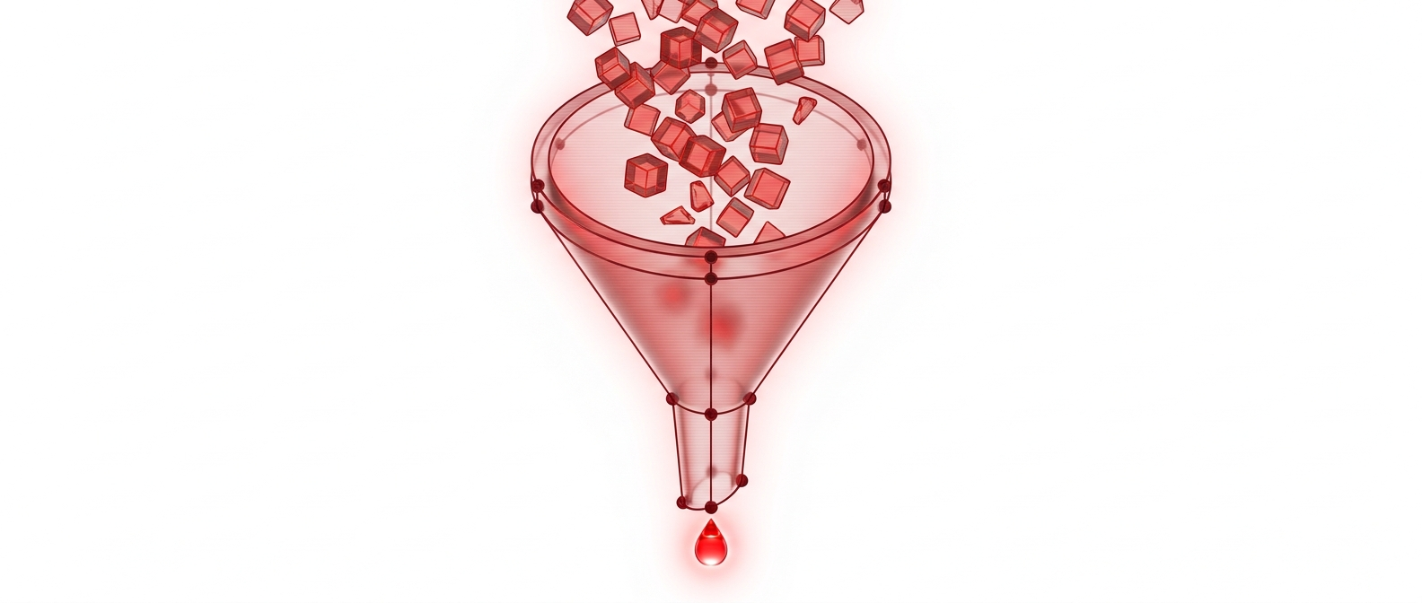 Many red glass cubes pour into a funnel and narrow to a single bright droplet at the spout.